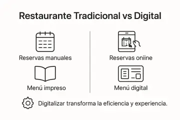 Comparativa de restaurante tradicional vs. digital: reservas manuales/online, menú impreso/digital. La digitalización transforma la experiencia.