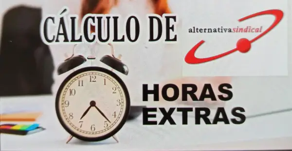 Cálculo de horas extras con reloj y logo de "alternativasindical".