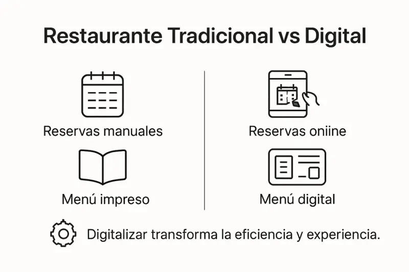 Comparativa de restaurante tradicional vs. digital: reservas manuales/online, menú impreso/digital. La digitalización transforma la experiencia.
