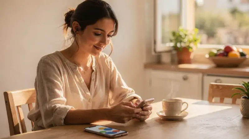 Mujer sonríe usando su móvil, con una taza de café y un gráfico en pantalla. Ideal para un programa para hacer presupuestos gratis.