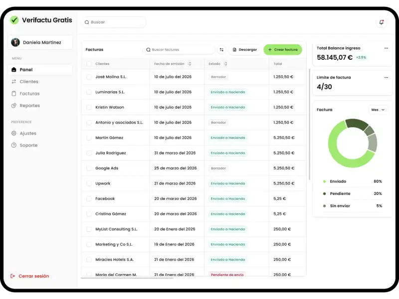 Interfaz de una app para hacer facturas gratis. Muestra una lista de facturas con clientes, fechas y estados.